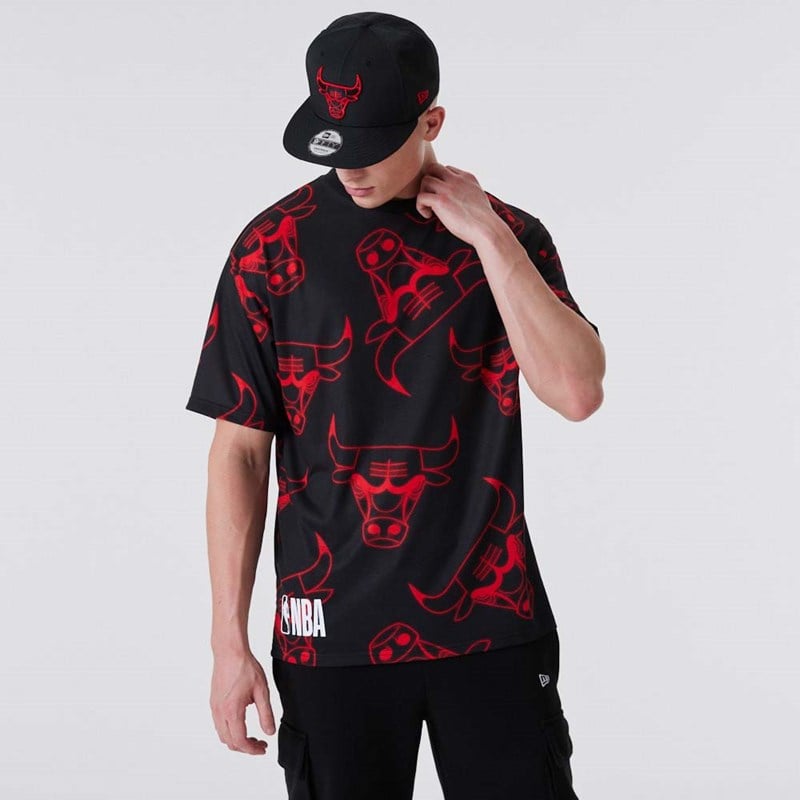 Camiseta New Era Chicago Bulls All Over Print Neon Negros | VN1359207