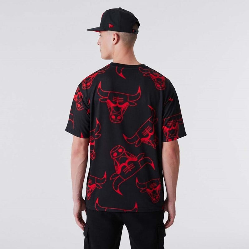 Camiseta New Era Chicago Bulls All Over Print Neon Negros | VN1359207