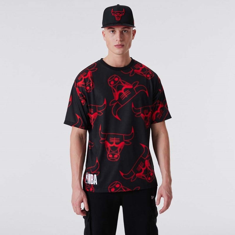 Camiseta New Era Chicago Bulls All Over Print Neon Negros | VN1359207