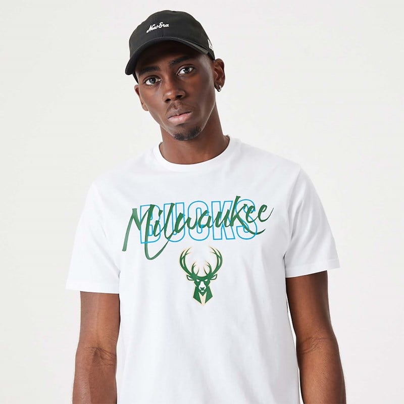 Camiseta New Era Milwaukee Bucks NBA Script Blancos | VI7960234