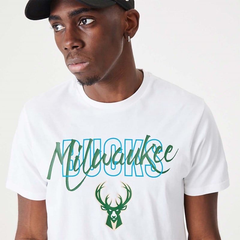 Camiseta New Era Milwaukee Bucks NBA Script Blancos | VI7960234