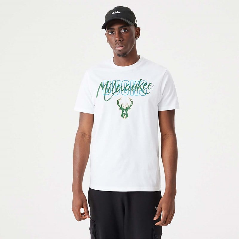 Camiseta New Era Milwaukee Bucks NBA Script Blancos | VI7960234