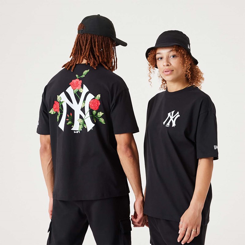 Camiseta New Era New York Yankees MLB Floral Estampados Oversized Negros | XC2013596