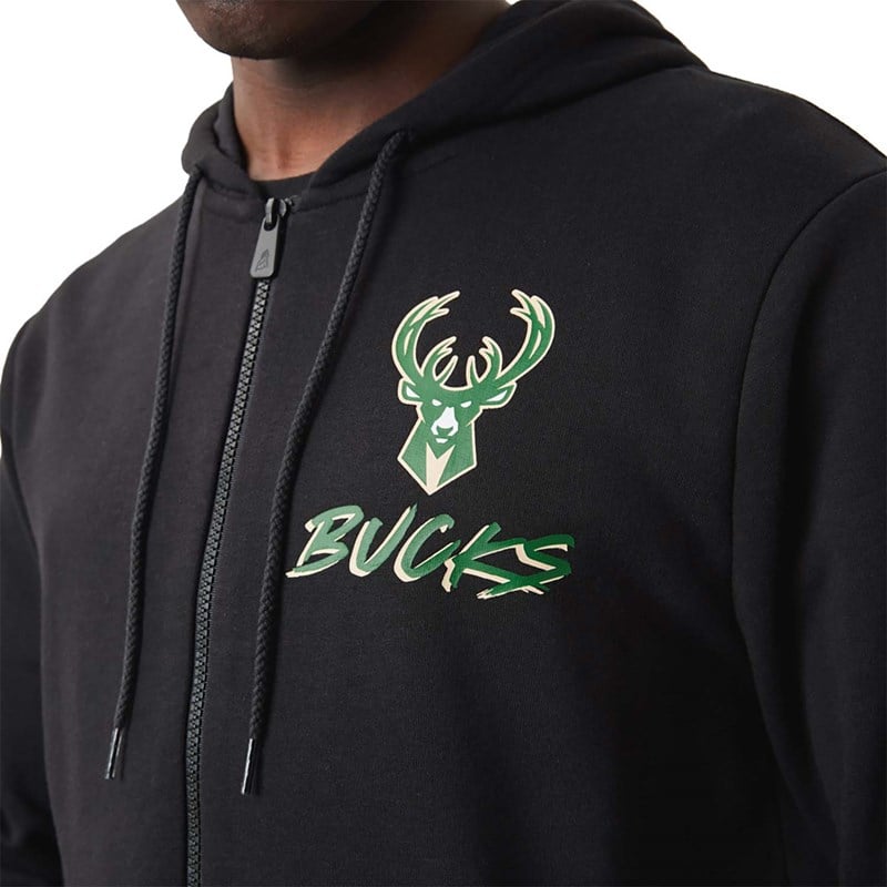 Sudadera Con Capucha New Era Milwaukee Bucks NBA Script Zip Negros | ED6418702