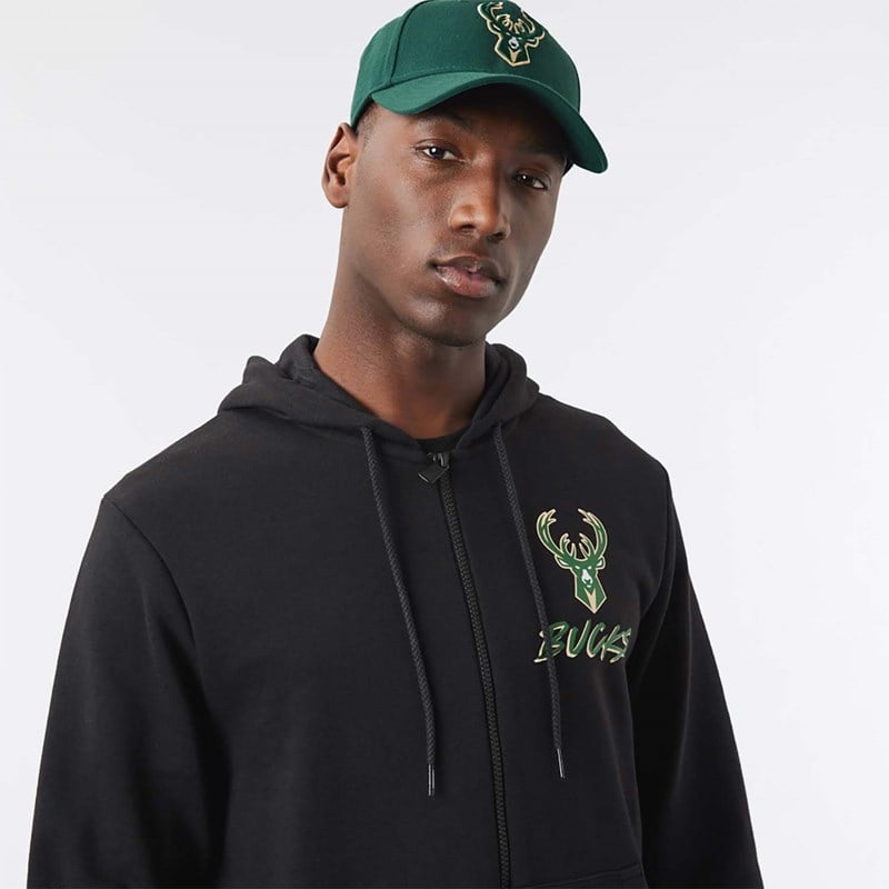 Sudadera Con Capucha New Era Milwaukee Bucks NBA Script Zip Negros | ED6418702