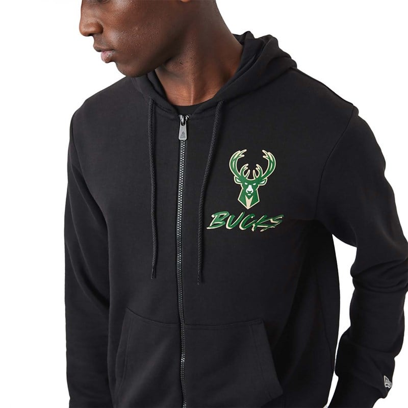 Sudadera Con Capucha New Era Milwaukee Bucks NBA Script Zip Negros | ED6418702