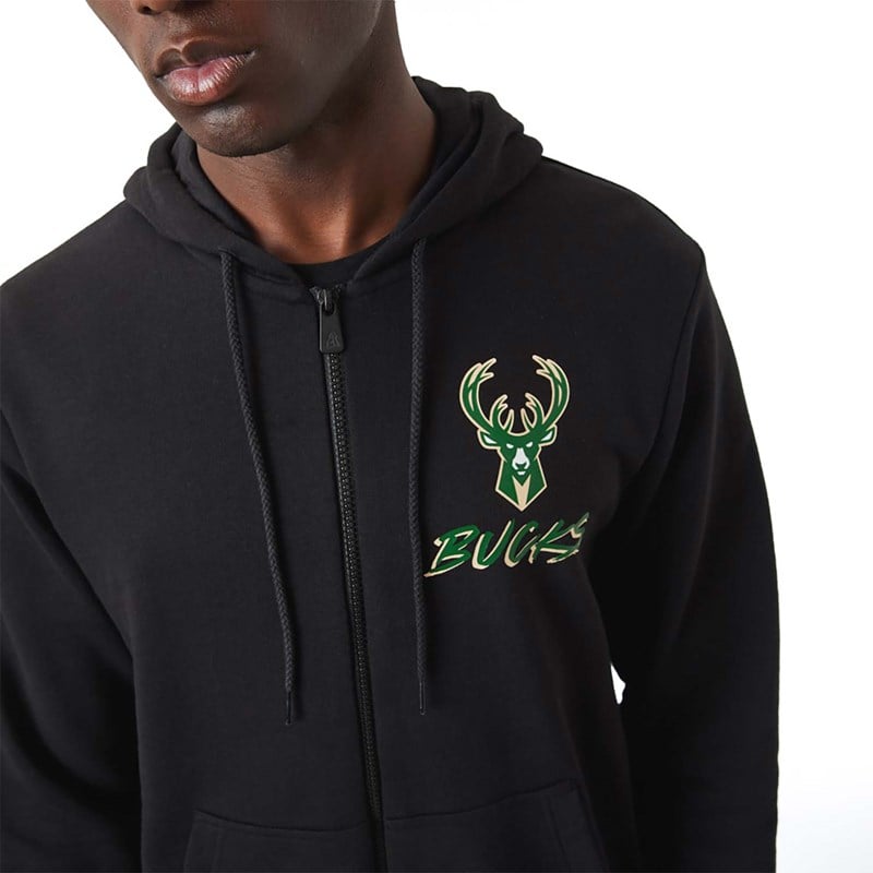 Sudadera Con Capucha New Era Milwaukee Bucks NBA Script Zip Negros | ED6418702