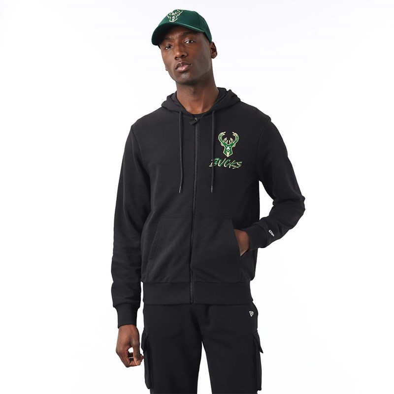 Sudadera Con Capucha New Era Milwaukee Bucks NBA Script Zip Negros | ED6418702